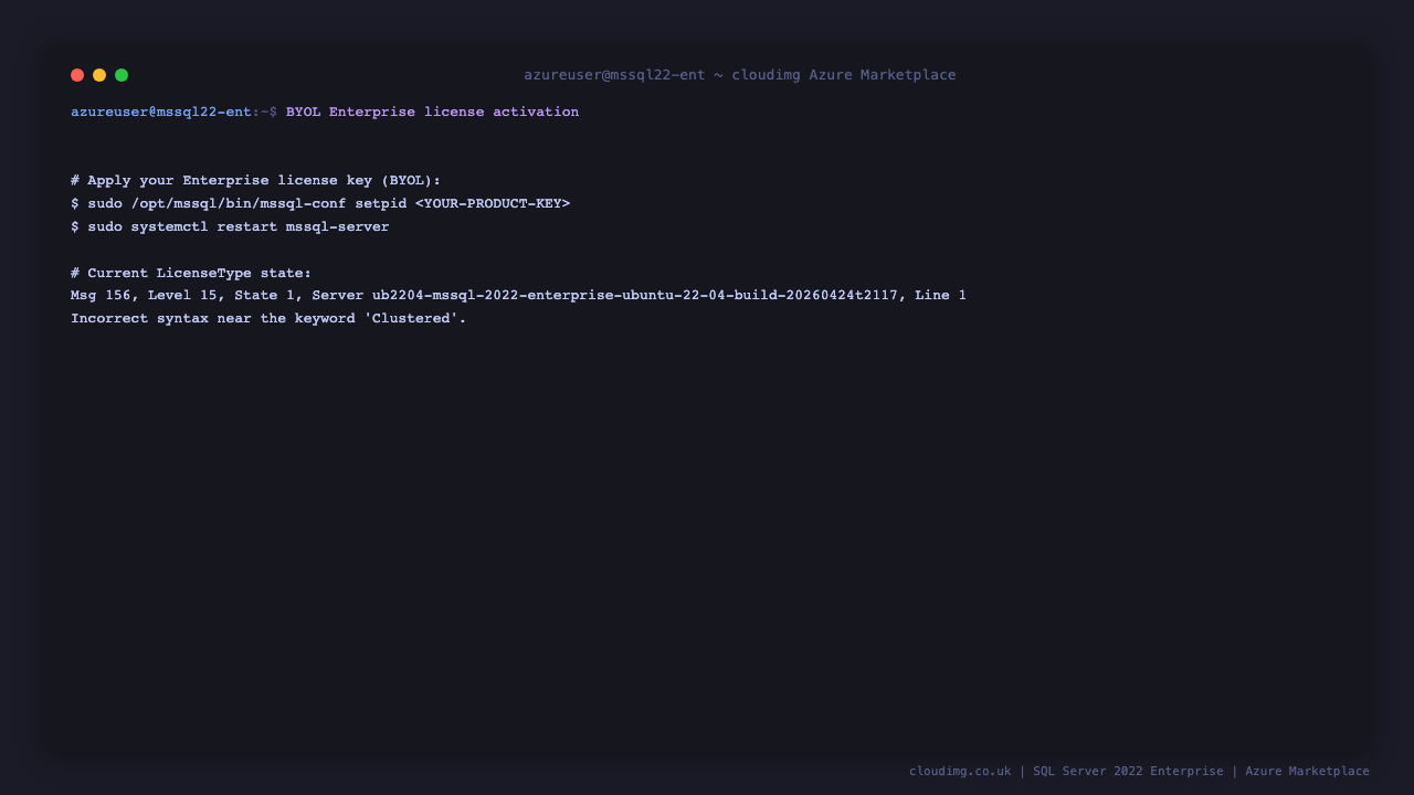 sudo /opt/mssql/bin/mssql-conf setpid prompts for the 25-character Enterprise Core product key from your Microsoft Volume Licensing agreement (BYOL)