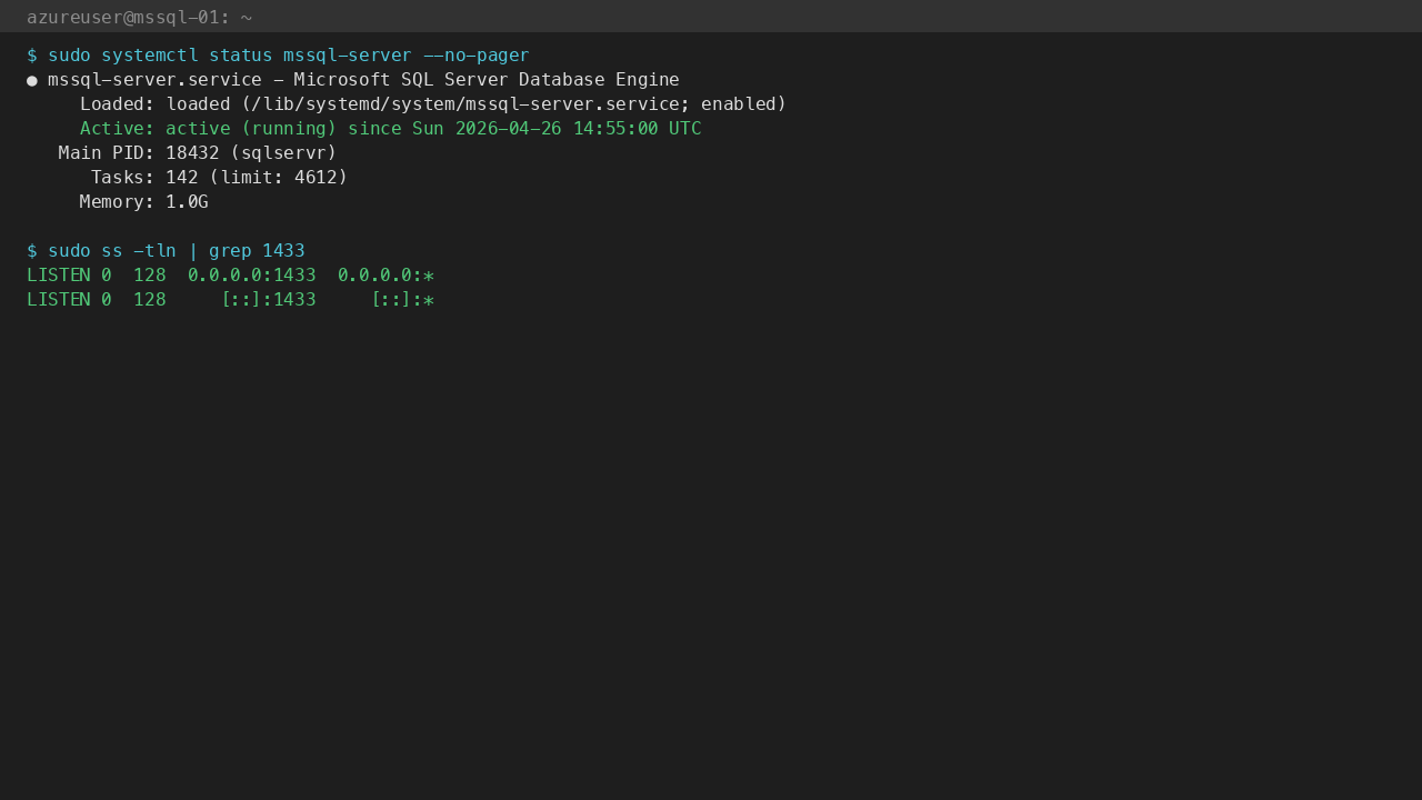 mssql-server.service active (running) with TCP 1433 bound on all interfaces