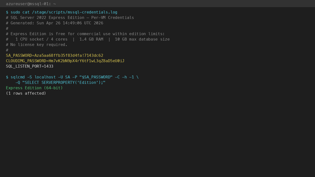 Per-VM SA + cloudimg credentials at /stage/scripts/mssql-credentials.log; SERVERPROPERTY('Edition') confirms Express Edition (64-bit)
