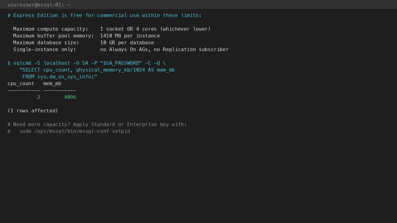 Express Edition limits: 1 socket / 4 cores, 1.4 GB buffer pool, 10 GB max database; sys.dm_os_sys_info confirms the engine sees the build VM's 4 GB but caps at 1410 MB. Apply Standard or Enterprise key with mssql-conf setpid for more capacity.