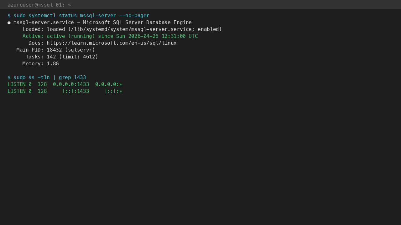 mssql-server.service active (running) with TCP 1433 bound on all interfaces