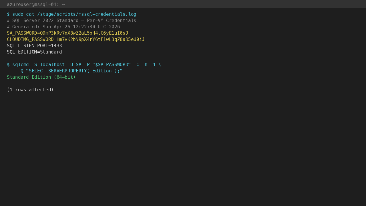 /stage/scripts/mssql-credentials.log (mode 0600 root) + SERVERPROPERTY('Edition') confirms Standard Edition (64-bit)