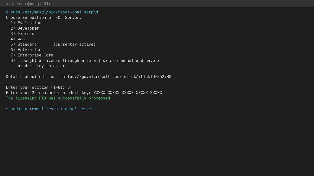 sudo /opt/mssql/bin/mssql-conf setpid prompts for the 25-character Standard product key from your Volume Licensing agreement