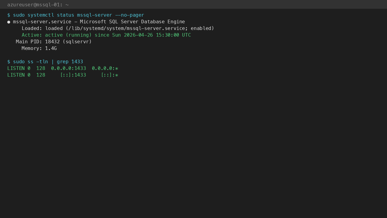 mssql-server.service active (running) with TCP 1433 bound on all interfaces