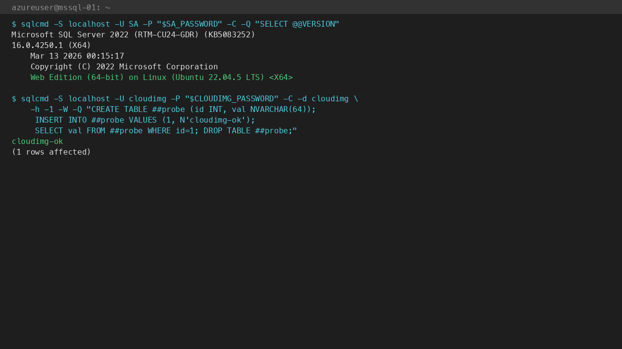 @@VERSION reports Microsoft SQL Server 2022 Web on Linux (Ubuntu 22.04); cloudimg user CREATE/INSERT/SELECT round-trip on cloudimg database returns cloudimg-ok