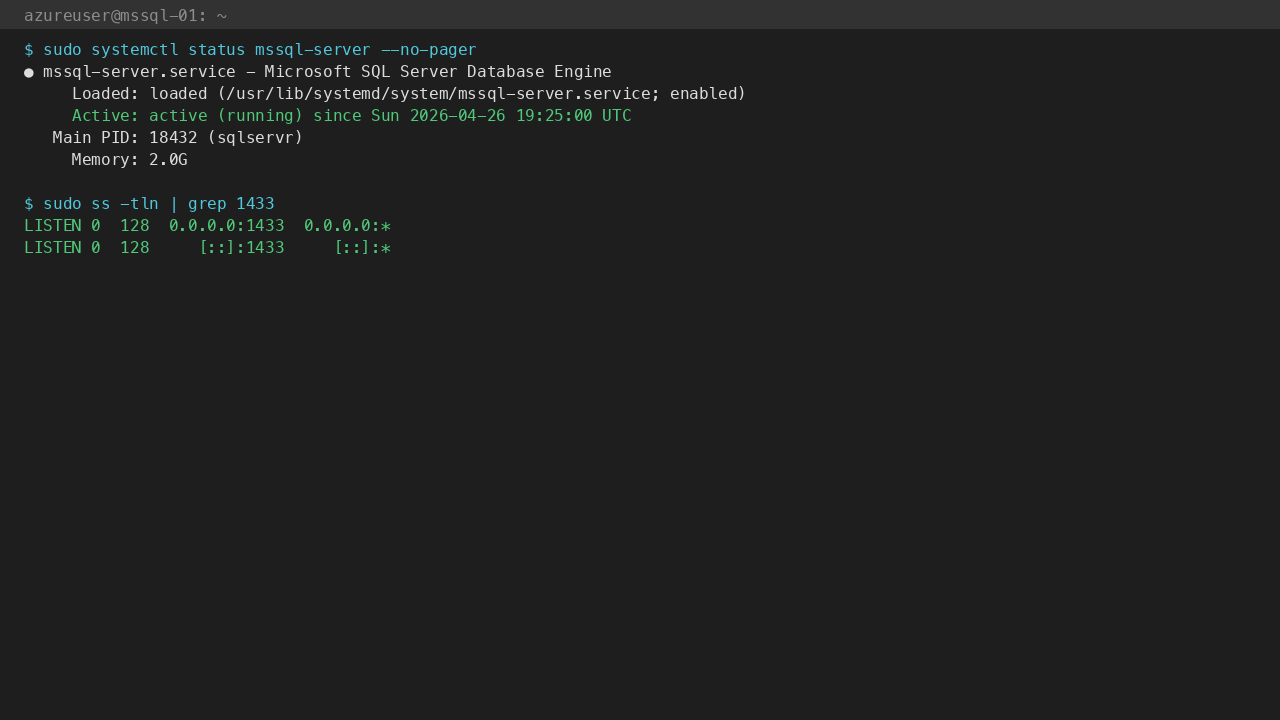 mssql-server.service active (running) with TCP 1433 bound on all interfaces