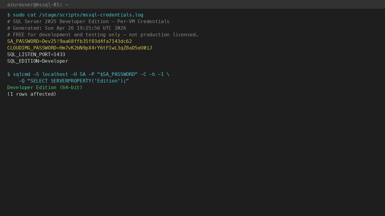 /stage/scripts/mssql-credentials.log (mode 0600 root) + SERVERPROPERTY('Edition') confirms Developer Edition (64-bit)