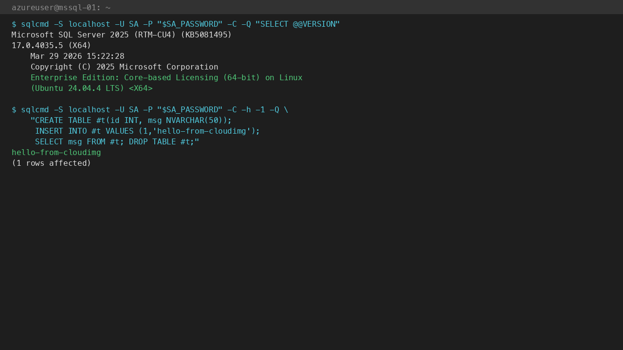@@VERSION reports SQL Server 2025 Enterprise on Linux (Ubuntu 24.04); CREATE/INSERT/SELECT round-trip returns hello-from-cloudimg