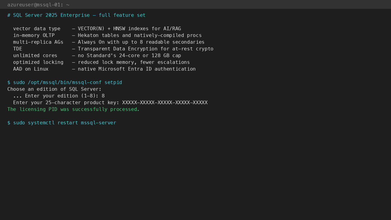 sudo /opt/mssql/bin/mssql-conf setpid prompts for the 25-character Standard product key from your Volume Licensing agreement