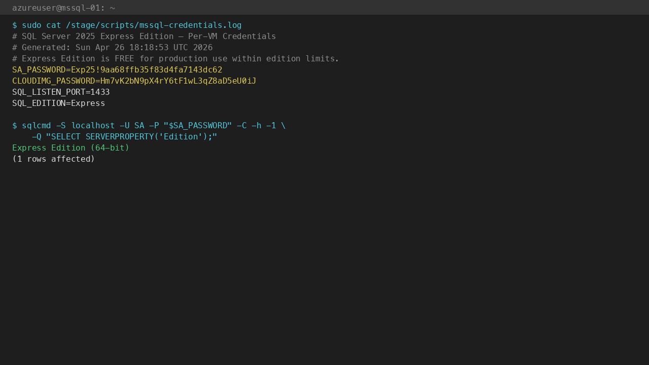 /stage/scripts/mssql-credentials.log (mode 0600 root) + SERVERPROPERTY('Edition') confirms Express Edition (64-bit)