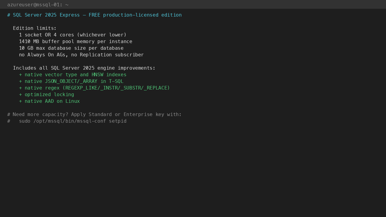 sudo /opt/mssql/bin/mssql-conf setpid prompts for the 25-character Standard product key from your Volume Licensing agreement
