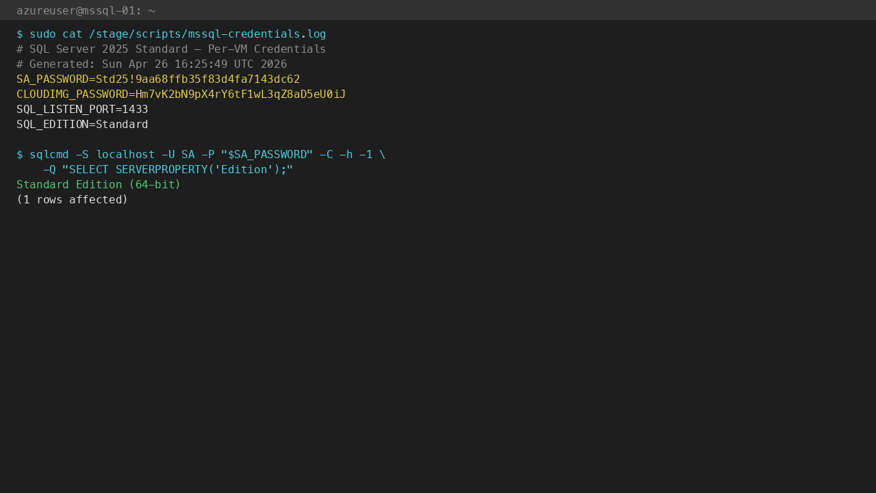 /stage/scripts/mssql-credentials.log (mode 0600 root) + SERVERPROPERTY('Edition') confirms Standard Edition (64-bit)