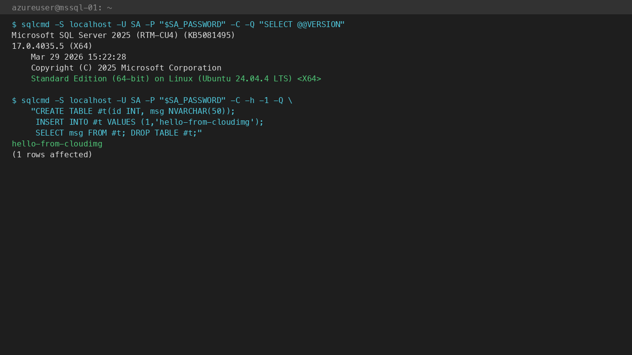 @@VERSION reports SQL Server 2025 Standard on Linux (Ubuntu 24.04); CREATE/INSERT/SELECT round-trip returns hello-from-cloudimg