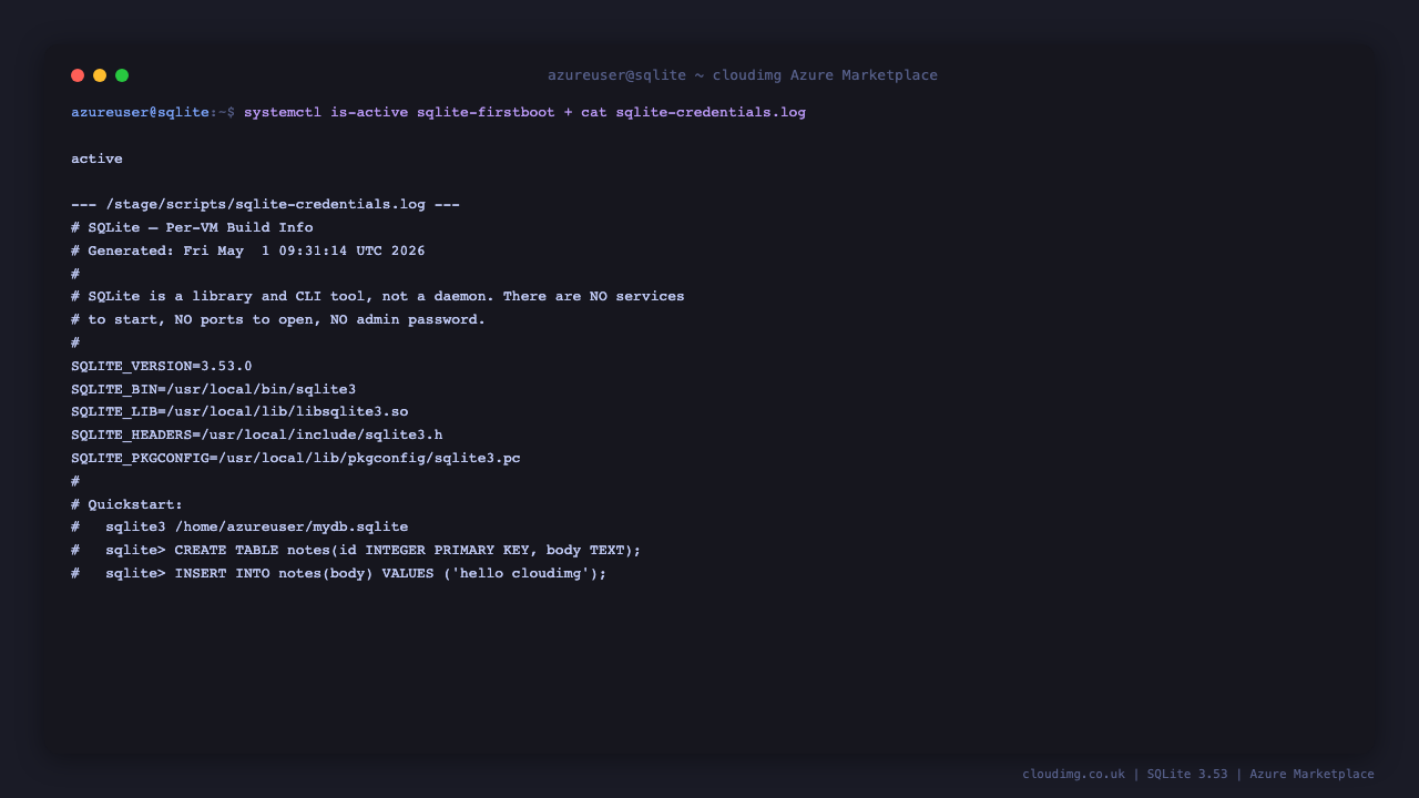 sqlite-firstboot.service is-active=active with the build-info banner showing SQLITE_VERSION=3.53.0 and library paths