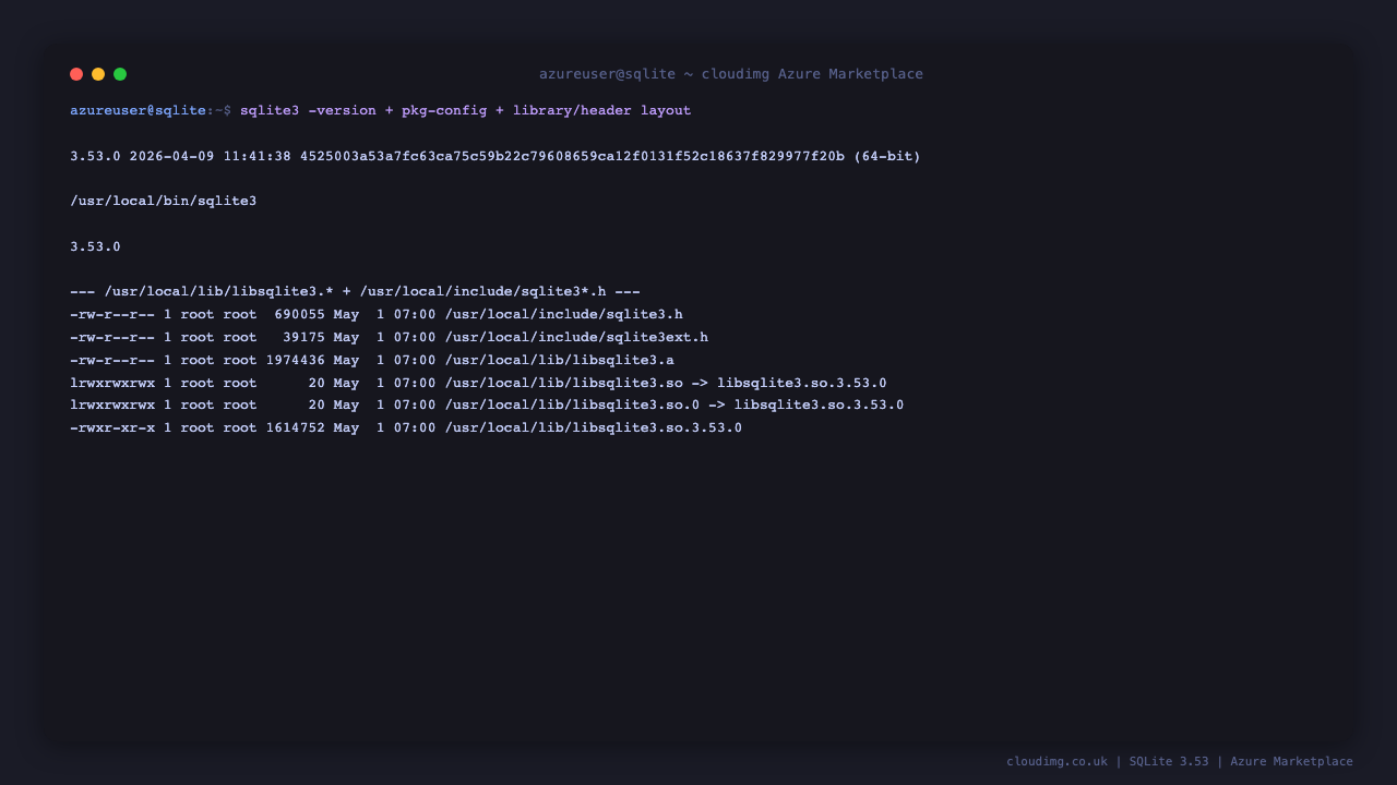 sqlite3 -version reports 3.53.0, pkg-config matches, library and header files listed under /usr/local