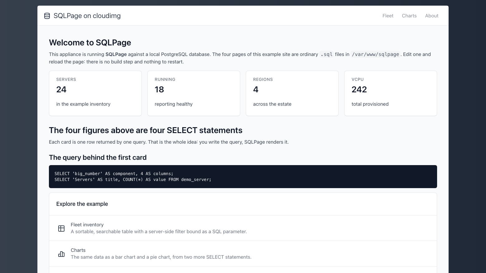 The SQLPage example site home page on cloudimg with four figures (24 servers, 18 running, 4 regions, 242 vCPU), the query behind the first card and links to the fleet, charts and about pages