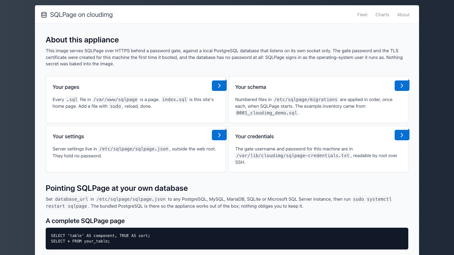 The SQLPage about page explaining where pages, the schema migrations, the settings and the gate credentials are kept on the instance