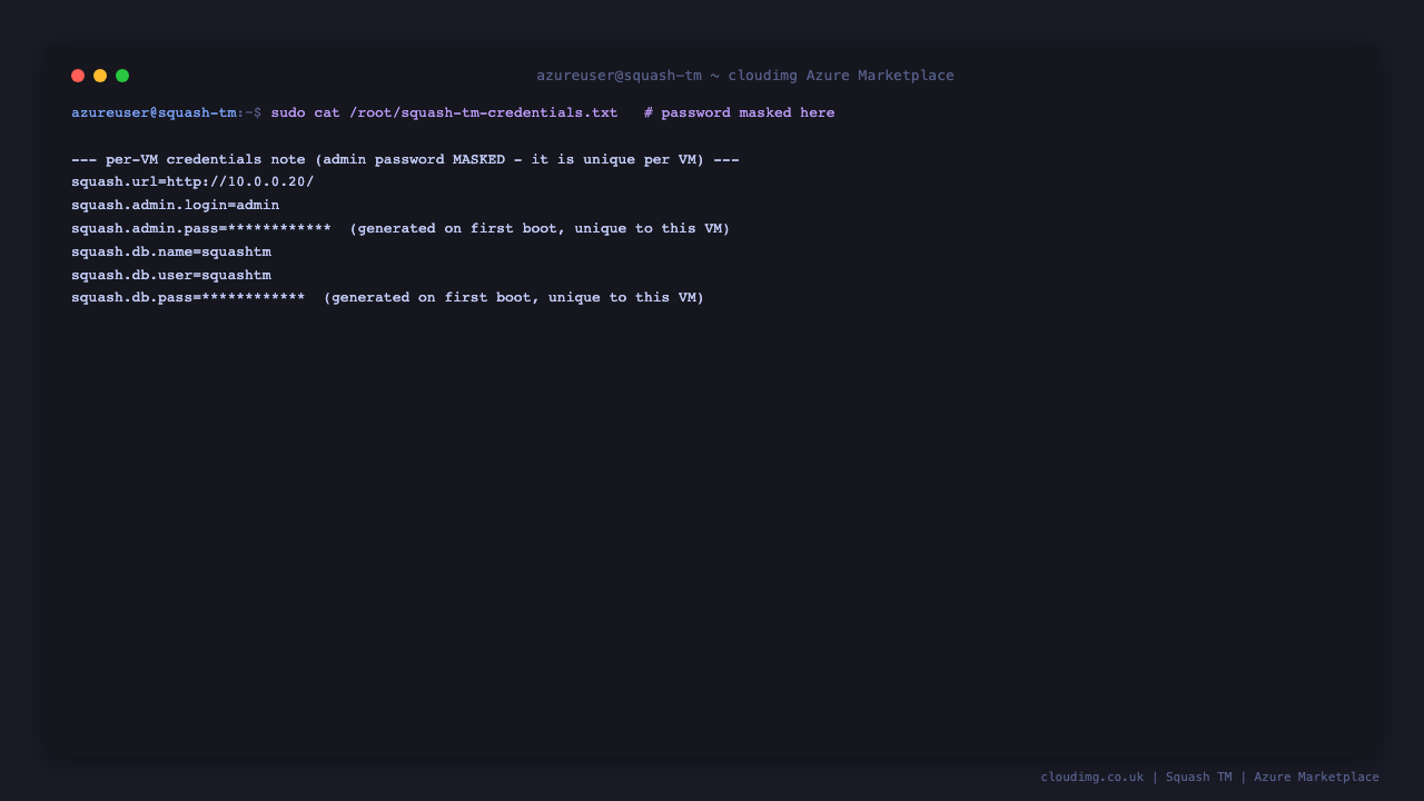 The per-VM Squash TM credentials file, administrator password masked