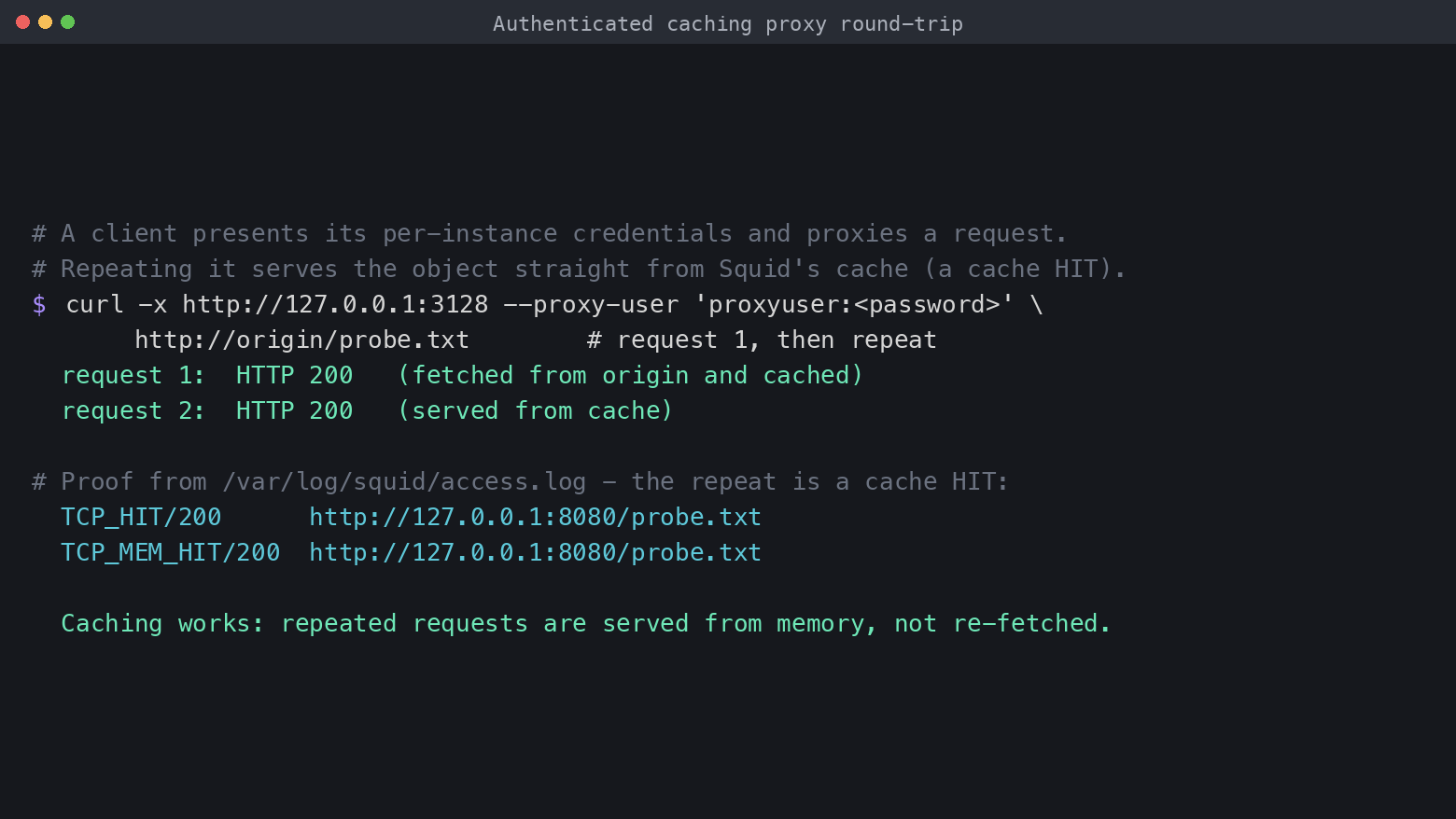Authenticated caching round-trip: an authenticated request returns 200 and a repeat is a cache HIT