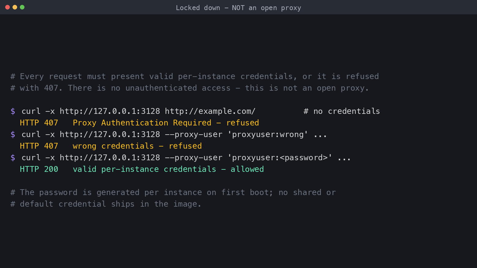 Locked down: an unauthenticated or wrong-credential request is refused with 407, only valid per-instance credentials return 200