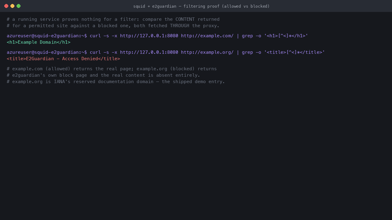Terminal showing a permitted url returning the real page heading through the proxy while a banned url returns the E2Guardian Access Denied block page instead, proving content filtering is genuinely enforced