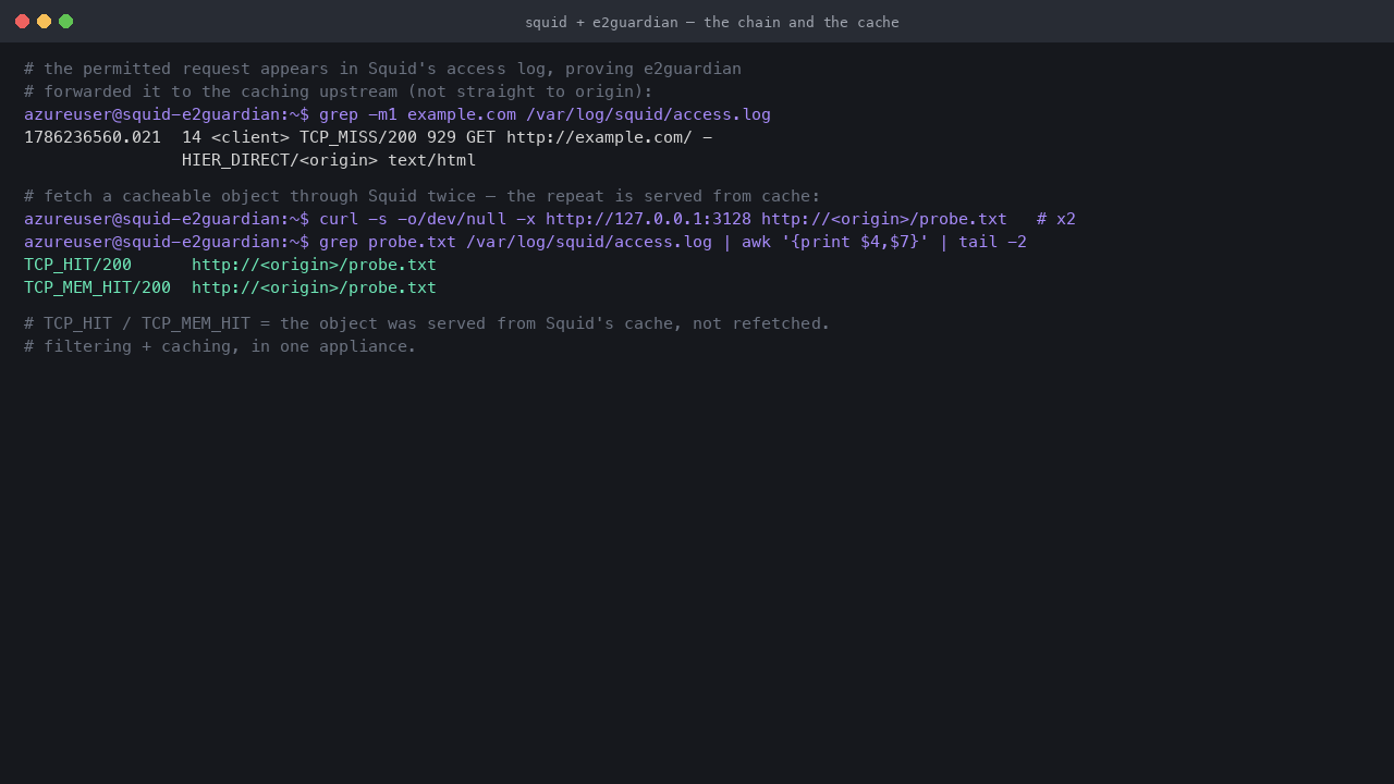 Terminal showing the permitted request recorded in Squid's access log as a TCP_MISS proving the e2guardian to Squid chain, then a repeat fetch served from cache as TCP_HIT and TCP_MEM_HIT