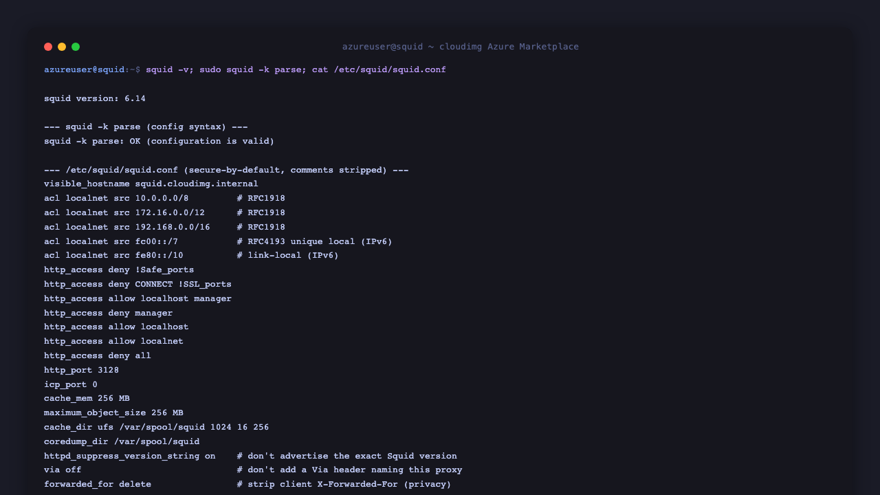 squid version 6.14 reported, squid -k parse confirms the configuration is valid, and the squid.conf listing shows the localnet ACLs restricted to private ranges, the ordered http_access rules ending in deny all, the 3128 listener, ICP disabled and the information leakage hardening