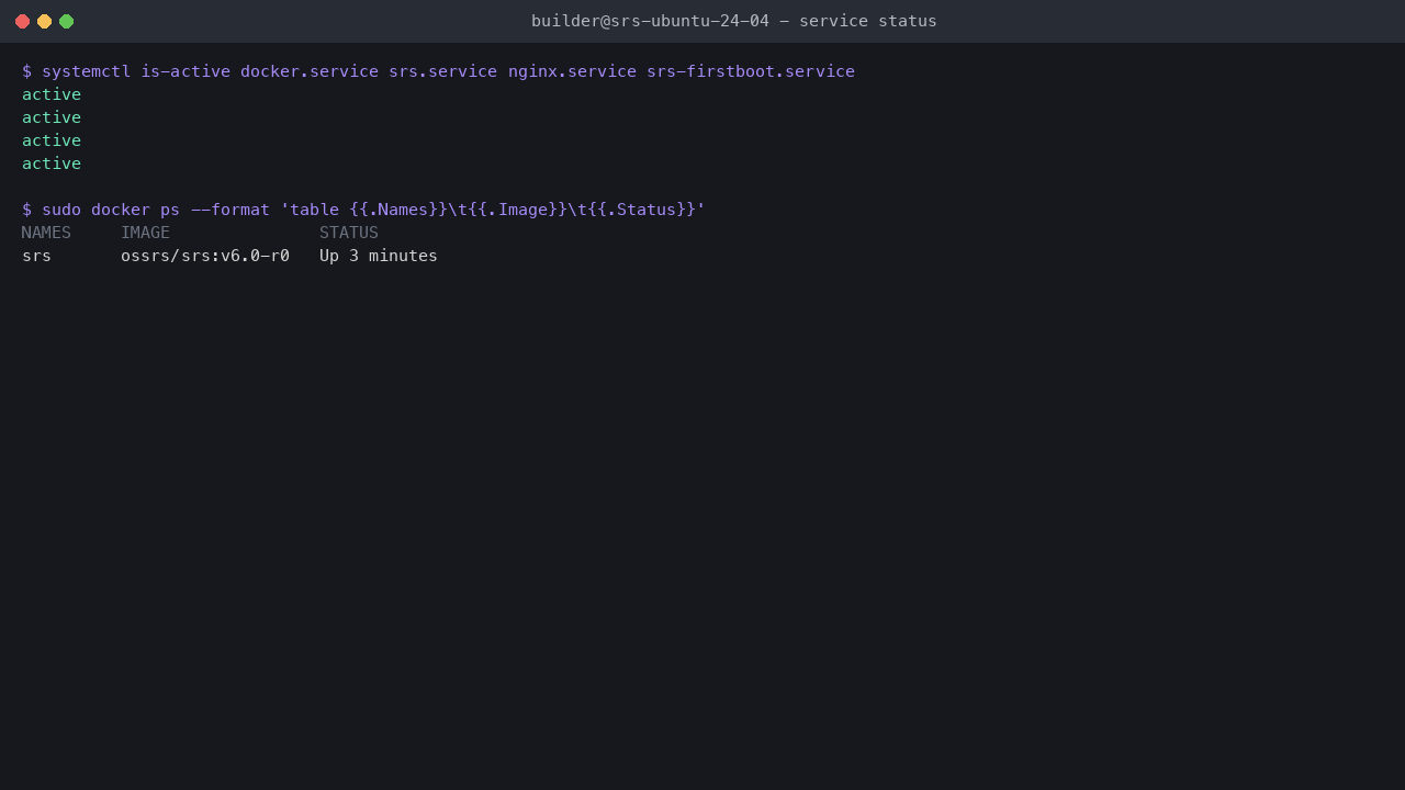 docker.service, srs.service, nginx.service and srs-firstboot.service all active, and the ossrs/srs container up and running
