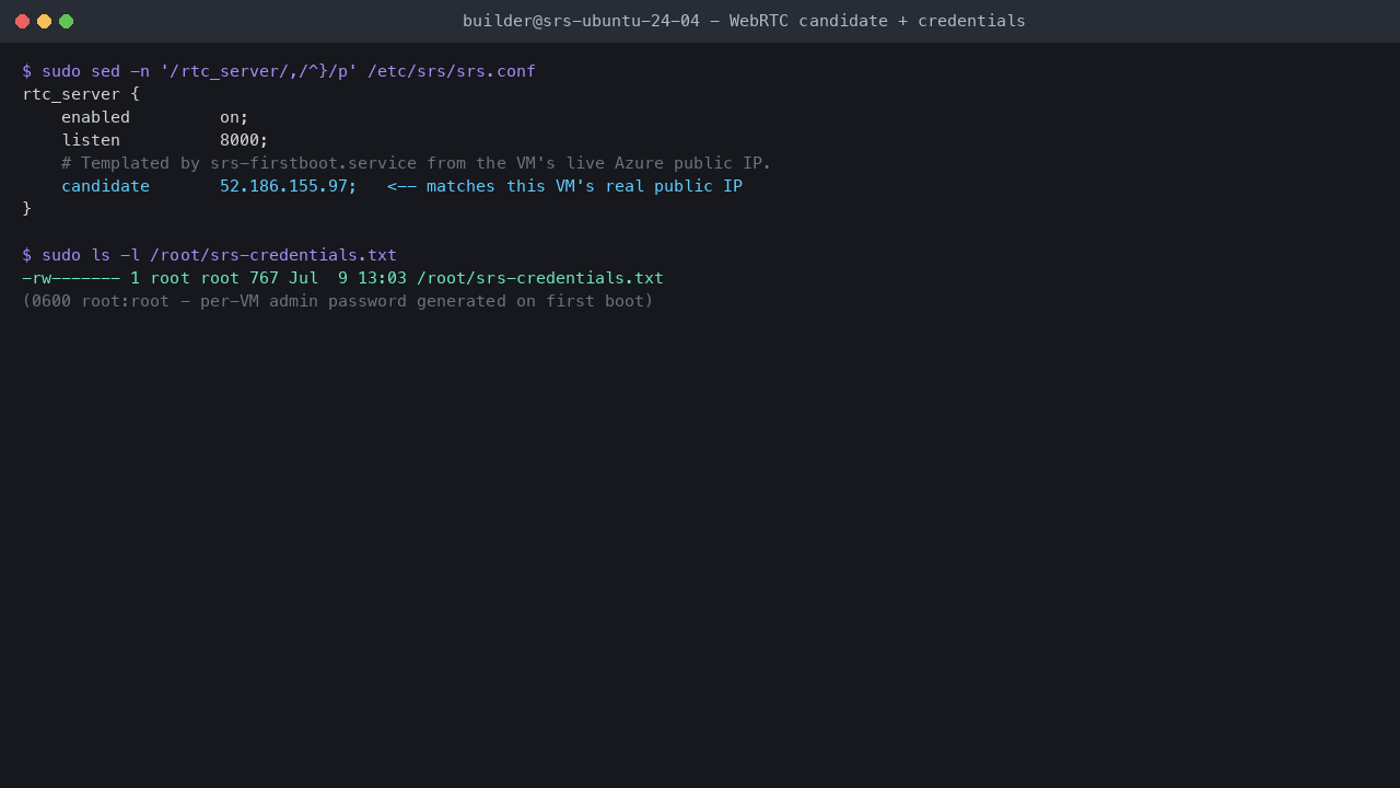 The rtc_server block in the running SRS configuration showing the WebRTC candidate templated to this VM's real public IP, and the per-VM credentials file proven to exist at mode 0600