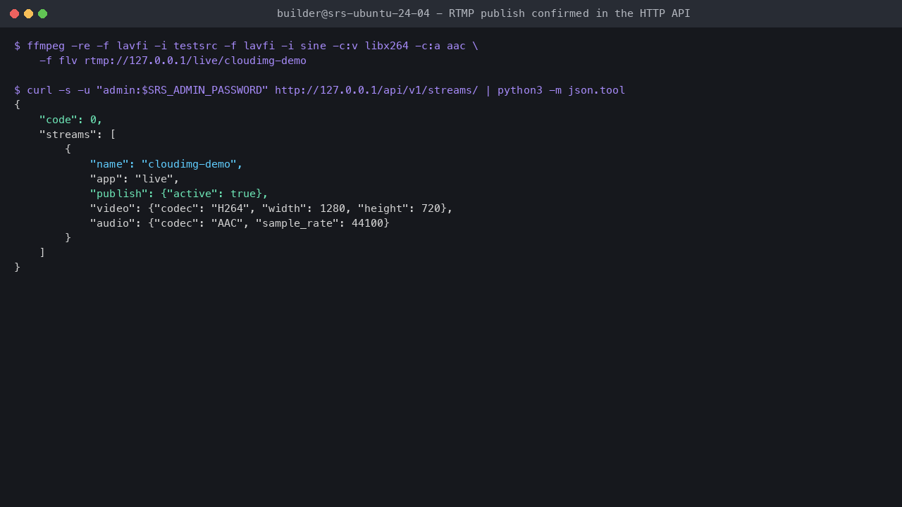ffmpeg publishing a synthetic test pattern over RTMP, and the authenticated HTTP API JSON response confirming the stream is live with H.264/AAC codec details