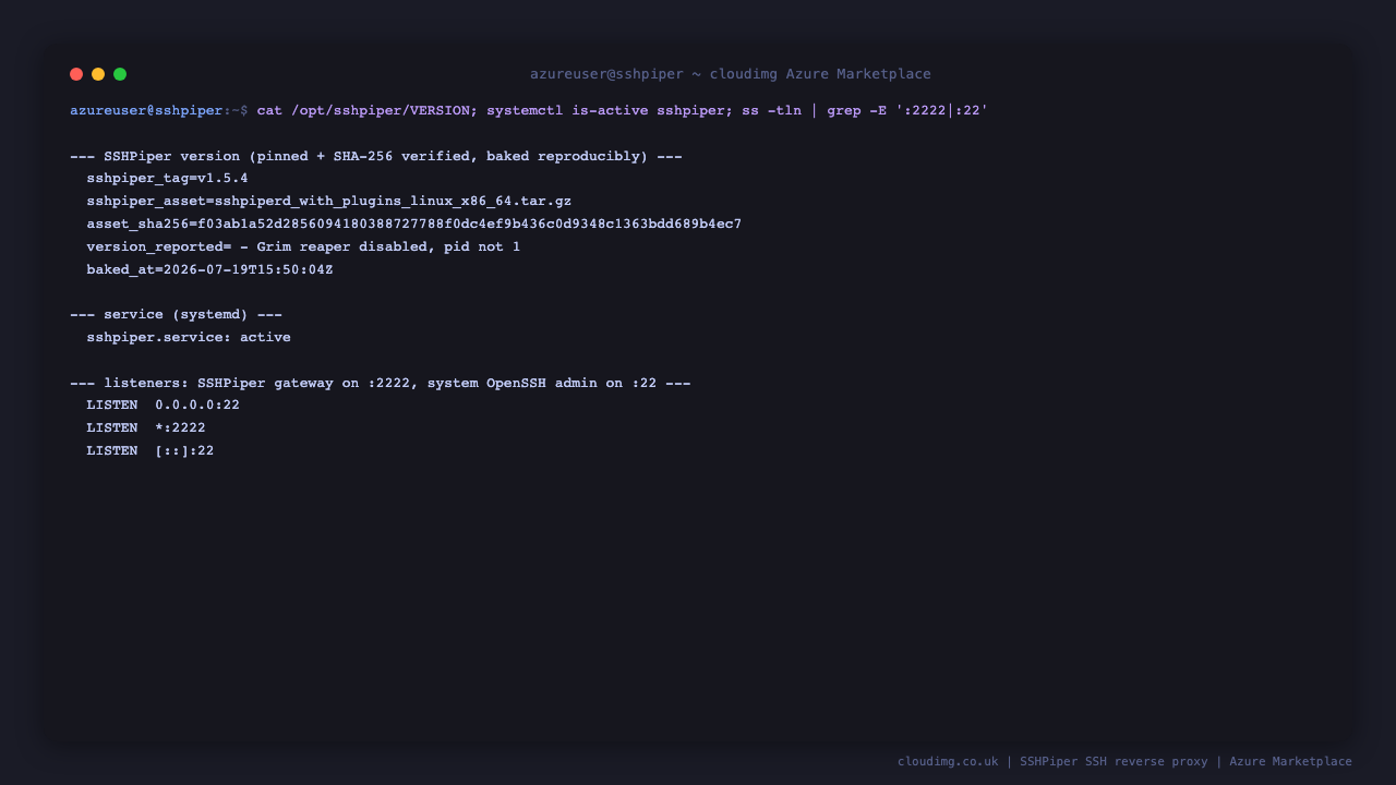 sshpiper.service active (running) with the pinned SSHPiper version; ss shows the SSHPiper gateway listening on port 2222 and the system OpenSSH server on port 22