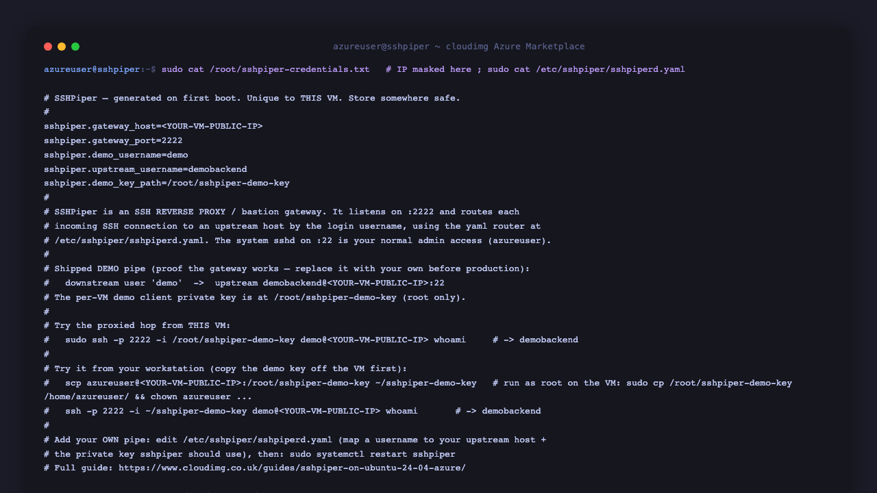 The per instance sshpiper-credentials.txt showing the gateway host and port, the demo to demobackend mapping and the demo client key path, alongside the yaml router config that defines the pipe