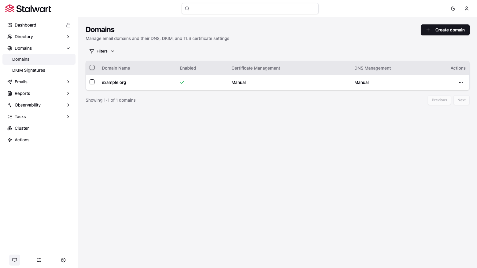 Stalwart domain management