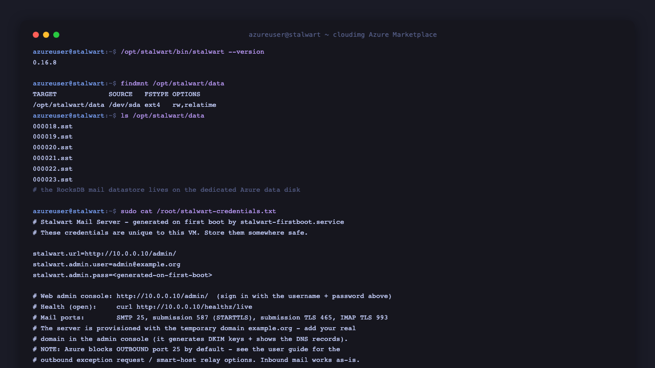 The Stalwart binary reporting version 0.16.8, the RocksDB datastore on the dedicated Azure data disk at /opt/stalwart/data, and the root only 0600 credentials file with the per VM admin account and password redacted