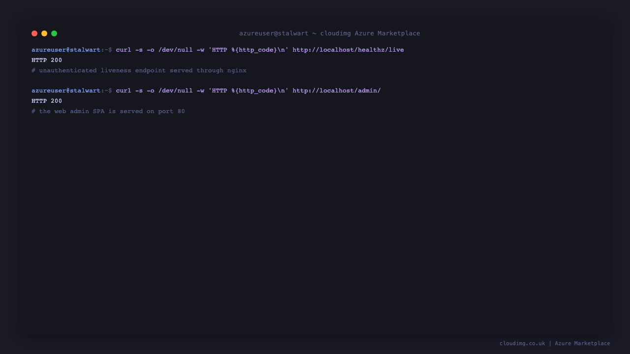 The Stalwart health endpoint returning HTTP 200 through nginx on port 80 and the web admin single page application also served with HTTP 200 on port 80