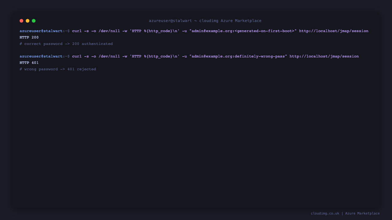 The admin authentication round trip against the Stalwart JMAP session endpoint: the correct per VM password returns HTTP 200 and a wrong password is rejected with HTTP 401