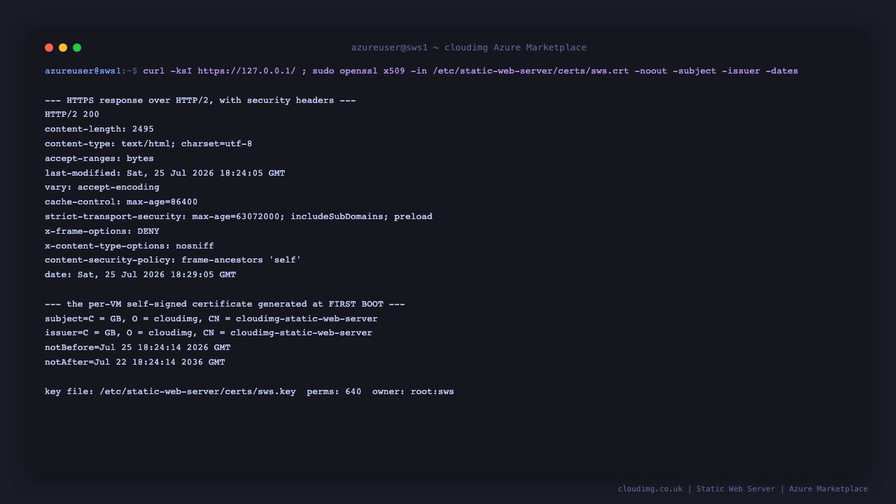 curl over HTTPS to the loopback address returns HTTP/2 200 with strict transport security, x frame options DENY, x content type options nosniff and a content security policy header, and openssl shows the per VM self signed certificate with subject and issuer CN cloudimg-static-web-server and a ten year validity window