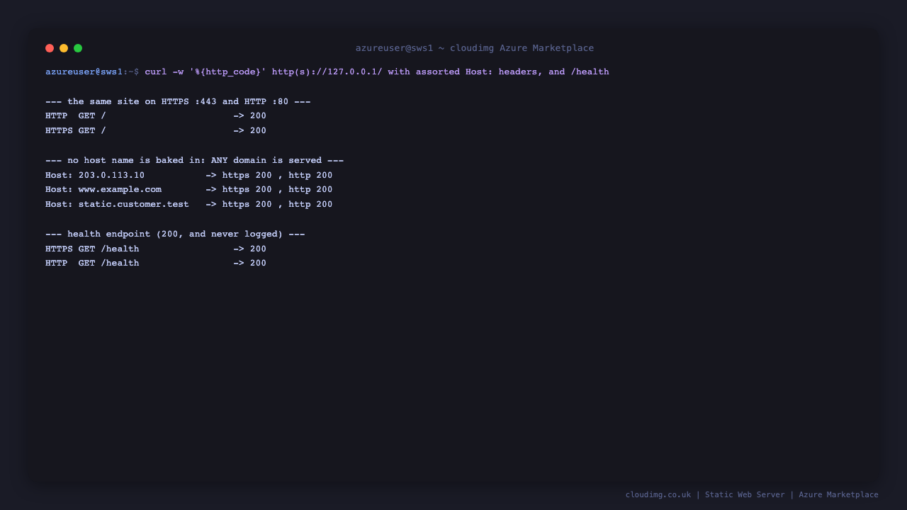 curl requests showing HTTP and HTTPS both returning 200 for the root path, both returning 200 when an arbitrary domain name is supplied in the Host header proving the image serves any domain, and the health endpoint returning 200