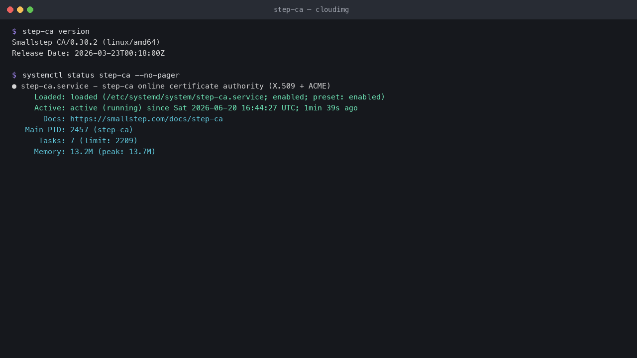 The preinstalled step-ca binary reporting version 0.30.2 and systemctl showing the step-ca service active and serving the certificate authority on port 443