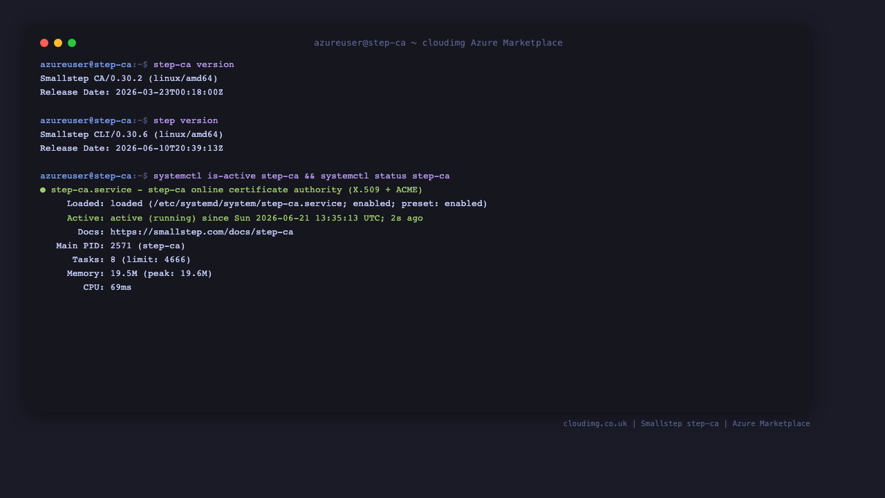 step-ca and step versions with the step-ca.service certificate authority daemon active