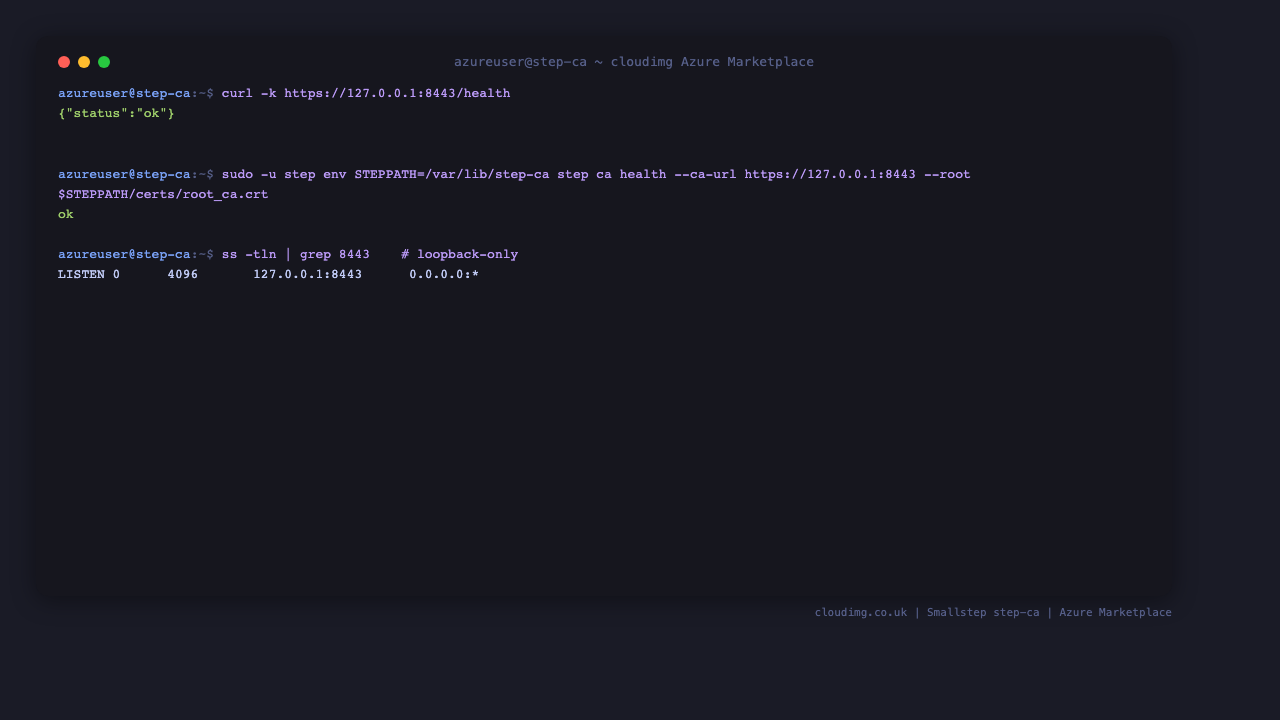 The CA health endpoint returning the ok status and the loopback-only listener on 8443