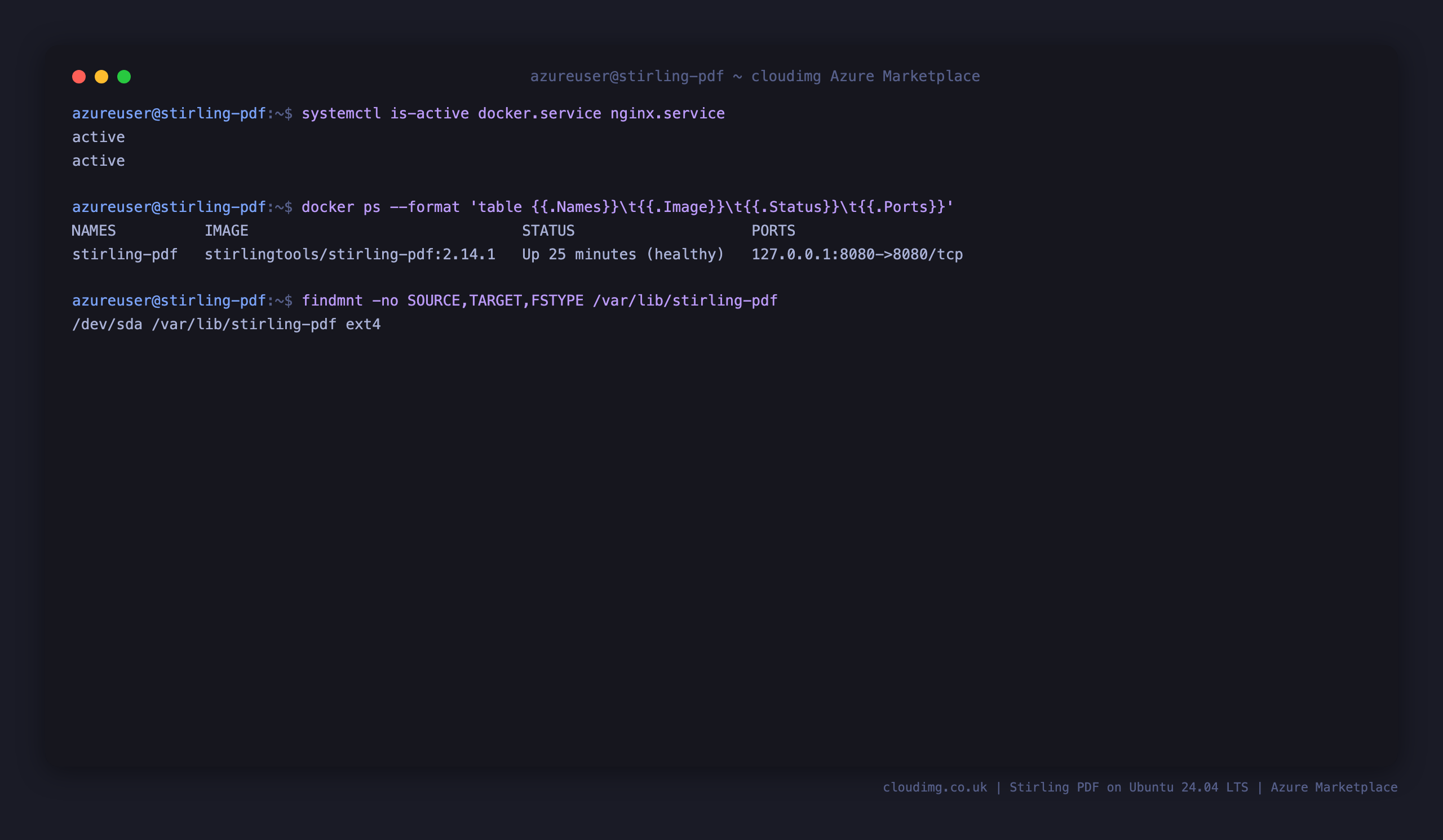 docker.service and nginx.service active, the stirling-pdf container healthy on the loopback connector 8080, and the dedicated data disk mounted at /var/lib/stirling-pdf
