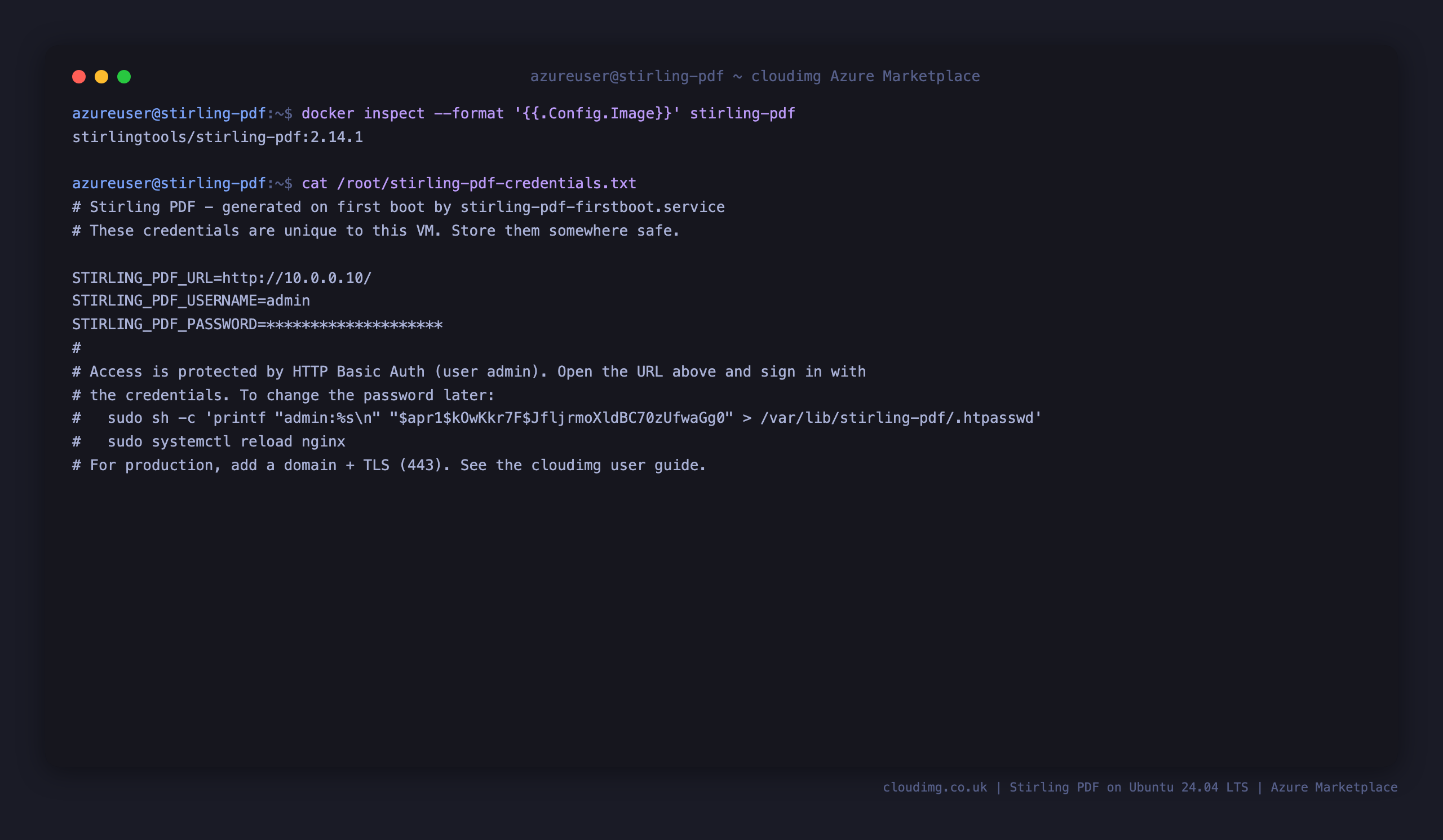 The Docker container status and the per-VM credentials file with the generated admin password and URL