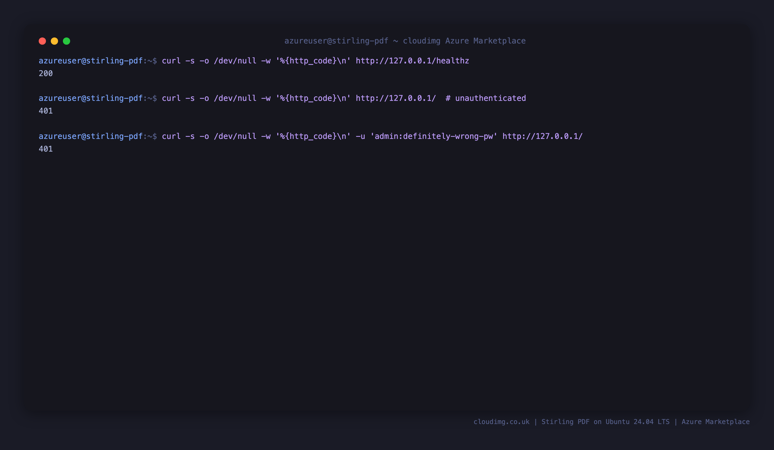 nginx returning 401 for an unauthenticated and a wrong-password request, and 200 once the per-VM admin password is supplied