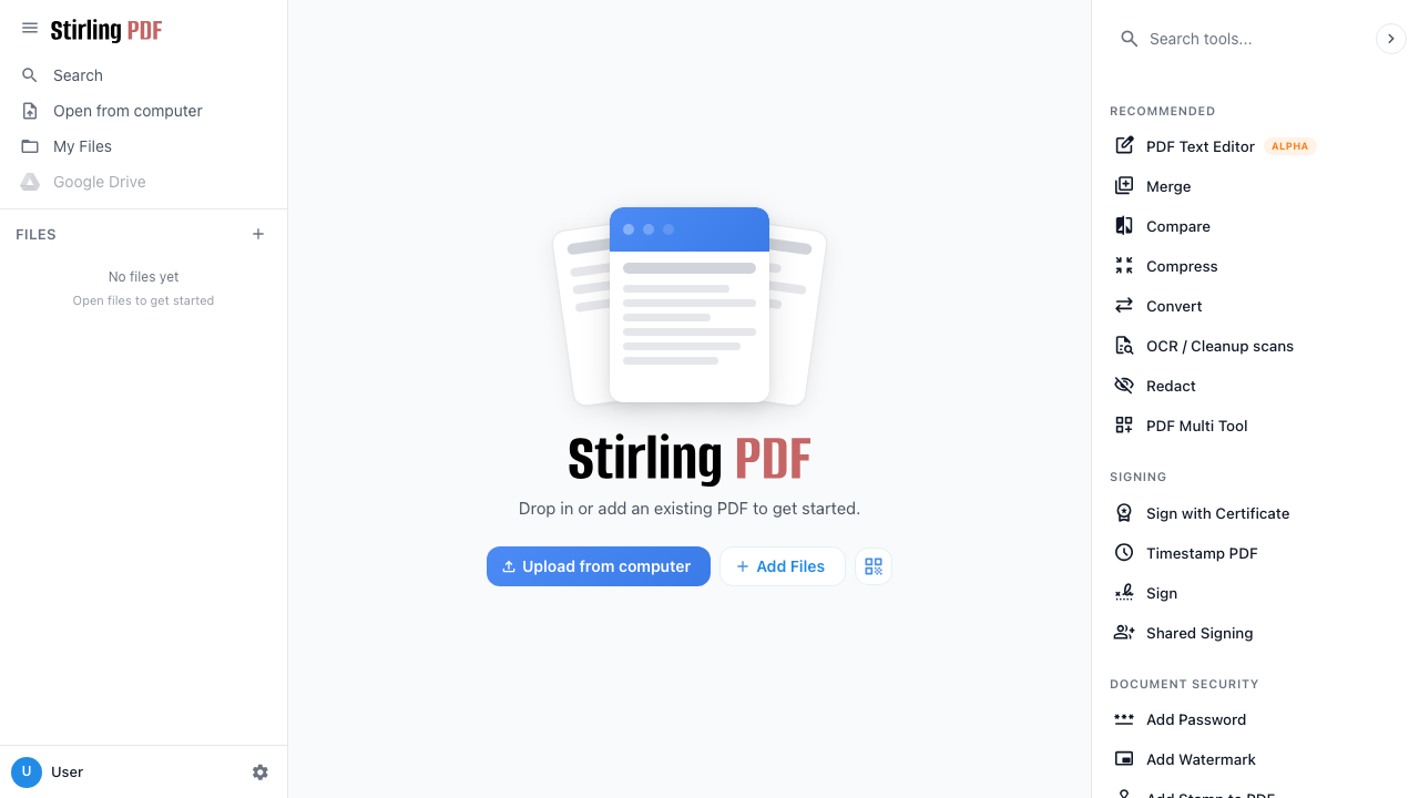 The Stirling PDF tool grid showing the full catalogue of PDF operations grouped by category