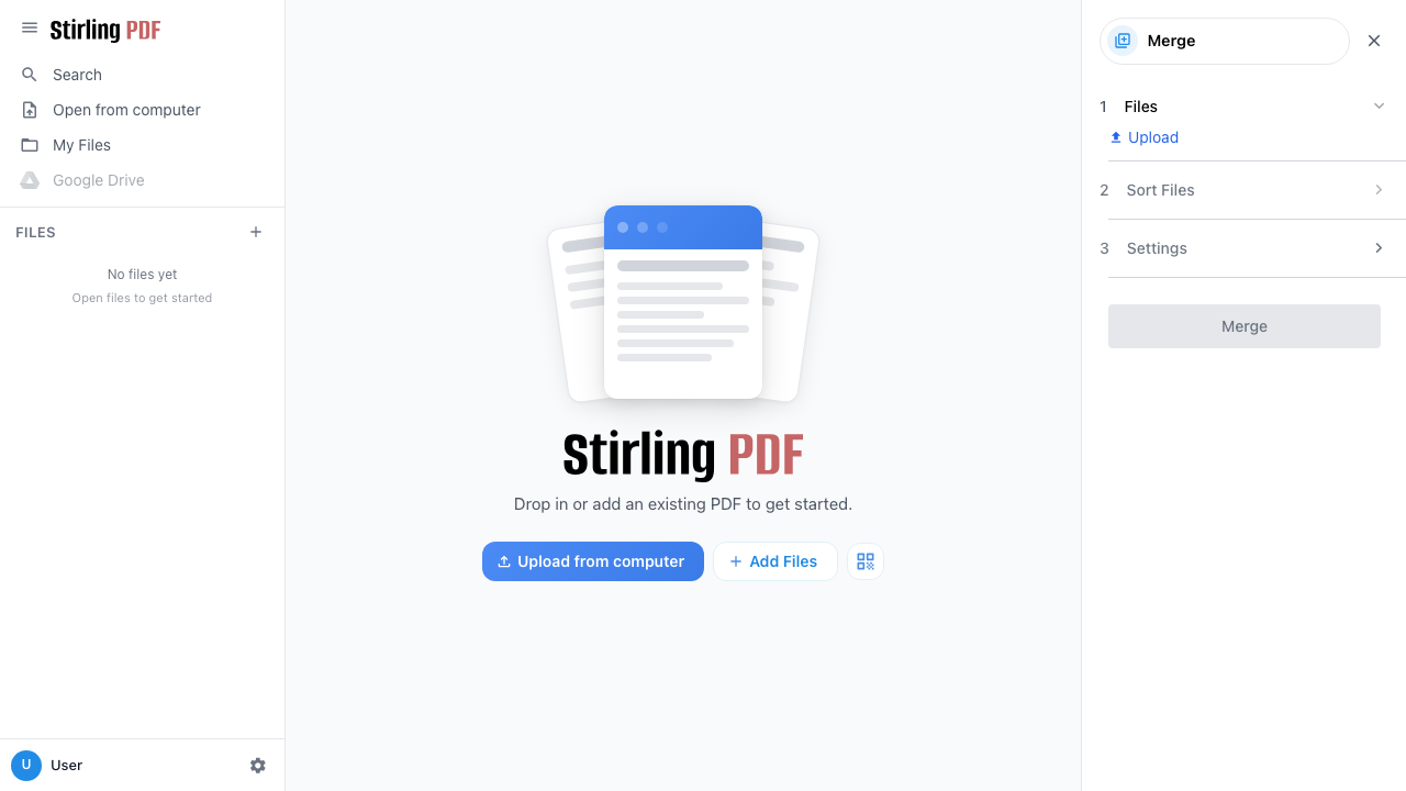 The Stirling PDF Merge tool ready to add PDF files for processing