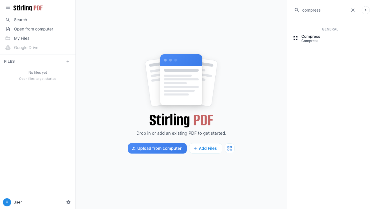 The Stirling PDF navigation showing the tool categories menu