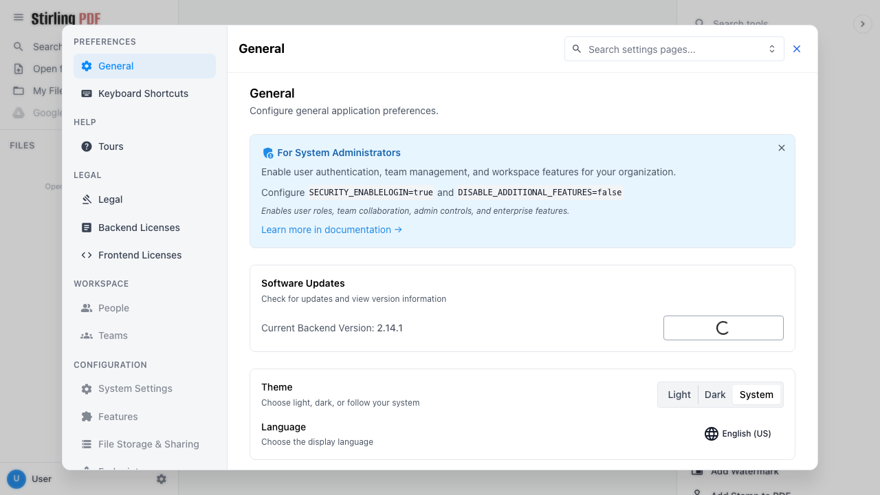The Stirling PDF account and settings menu