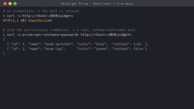 An unauthenticated request to the mock returns HTTP 401, while the same request with the per-instance credential returns a schema conformant JSON array of two widgets straight from the OpenAPI specification