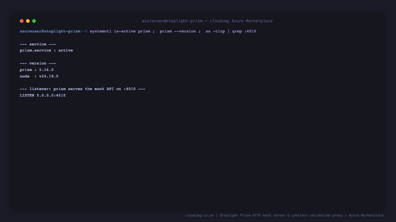 prism.service reports active, prism --version shows 5.16.0 on Node.js v24.18.0, and ss shows Prism listening on 0.0.0.0 port 4010